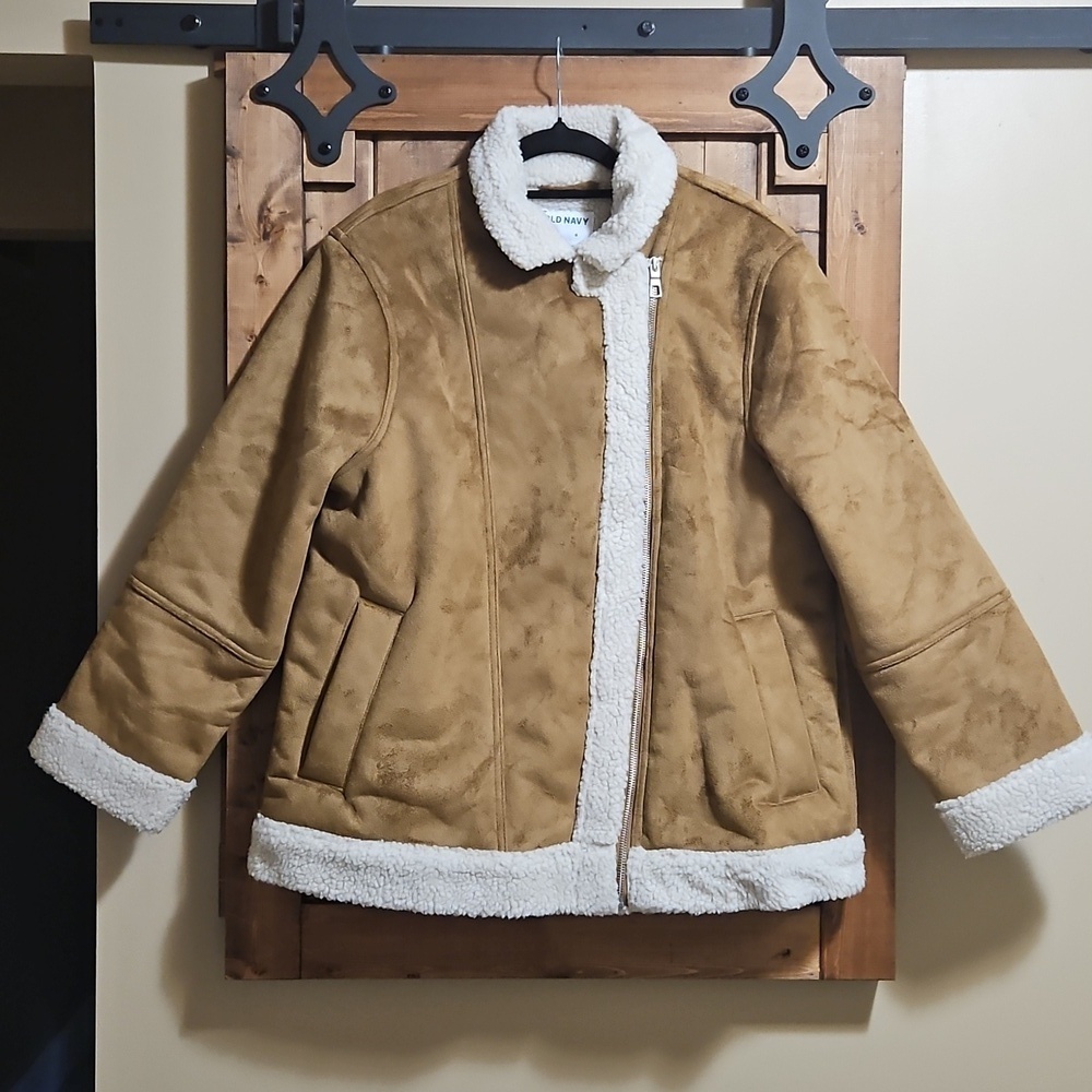 Old Navy Tan Faux Suede Sherpa Moto Jacket Large